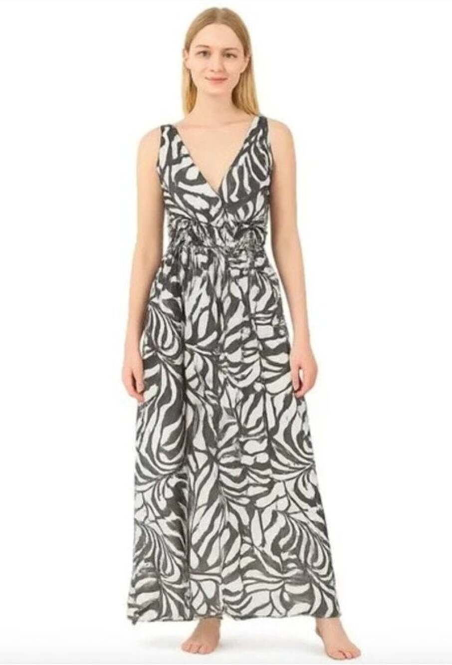White House Black Market Dress Size XS NEW Sleeveless Shirred Dress Zebra Ecru